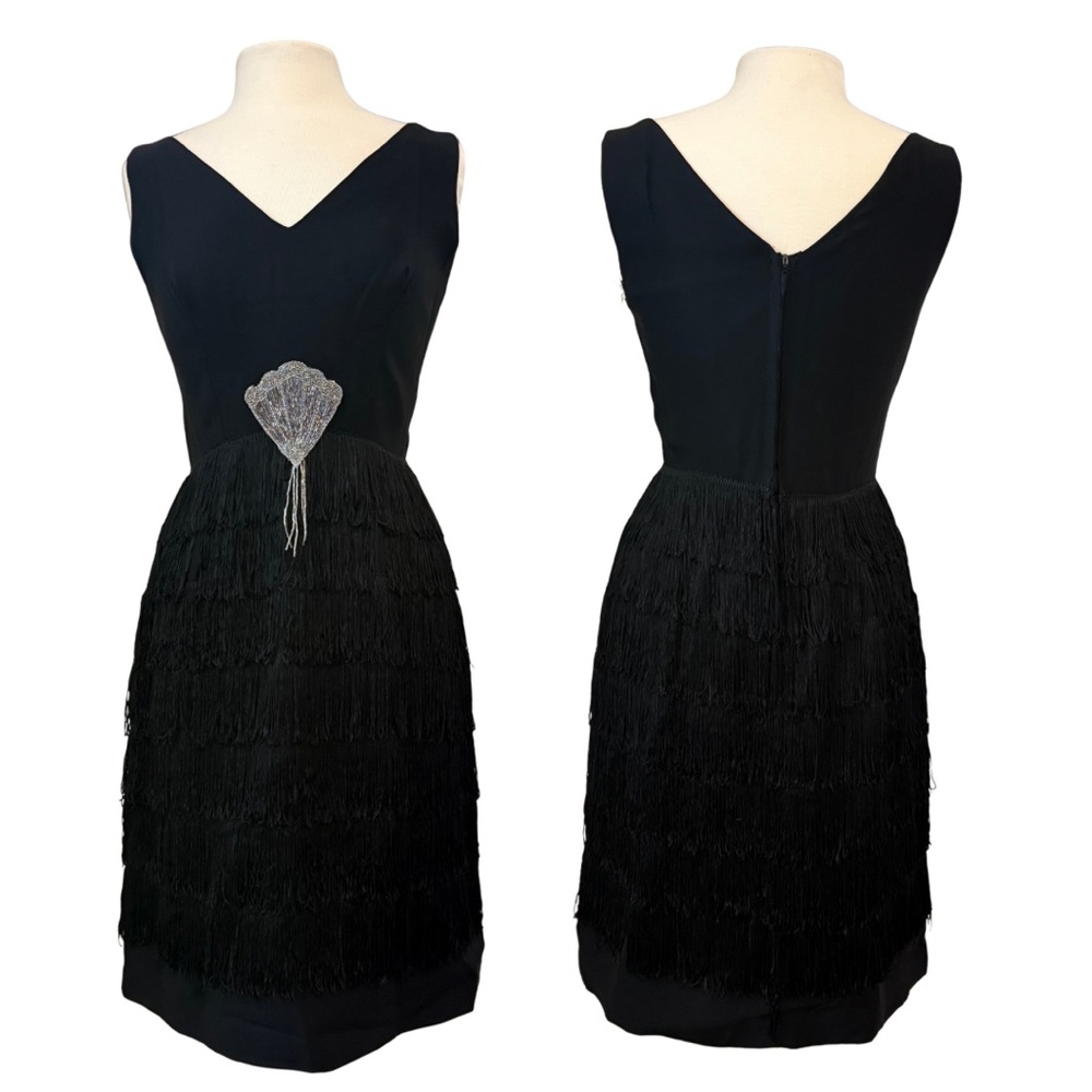 Vintage Mini Dress Sz 6 Black Flapper A Line w/ Fringe & Beading Detail Handmade